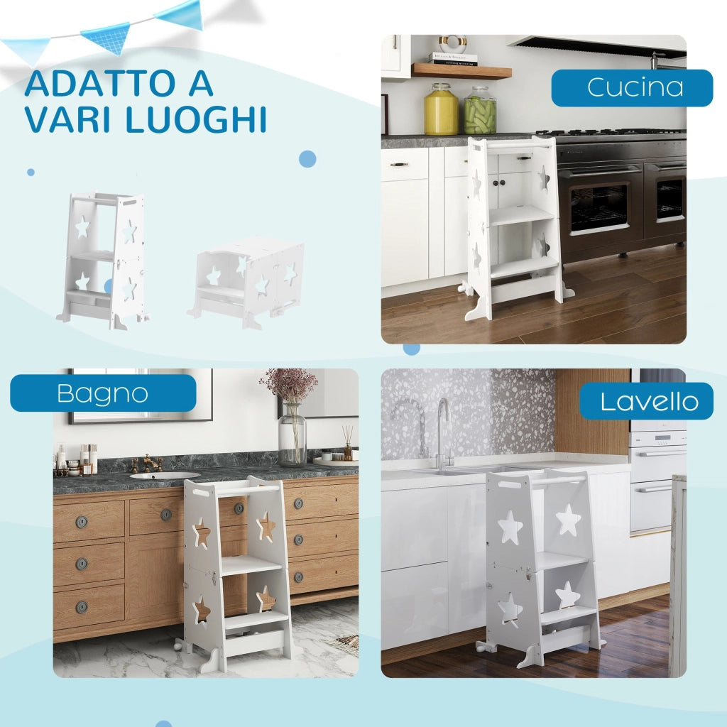 Torre Montessoriana Scala Convertibile in Tavolo con Sedia 60x44,5x86 cm in Legno Bianco