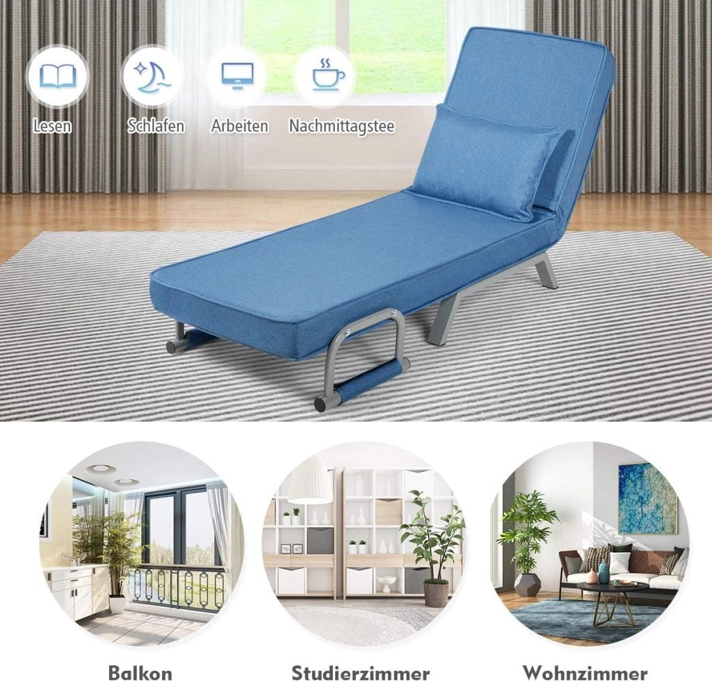 2 in 1 Poltrona Letto Pieghevole, Schienale Regolabile a 5 Livelli, con Braccioli e Cuscinetto, Chaise Longue Soggiorno, Telaio in Metallo, Carico di 150 kg, 59x78,5x83 cm, 5 Colori