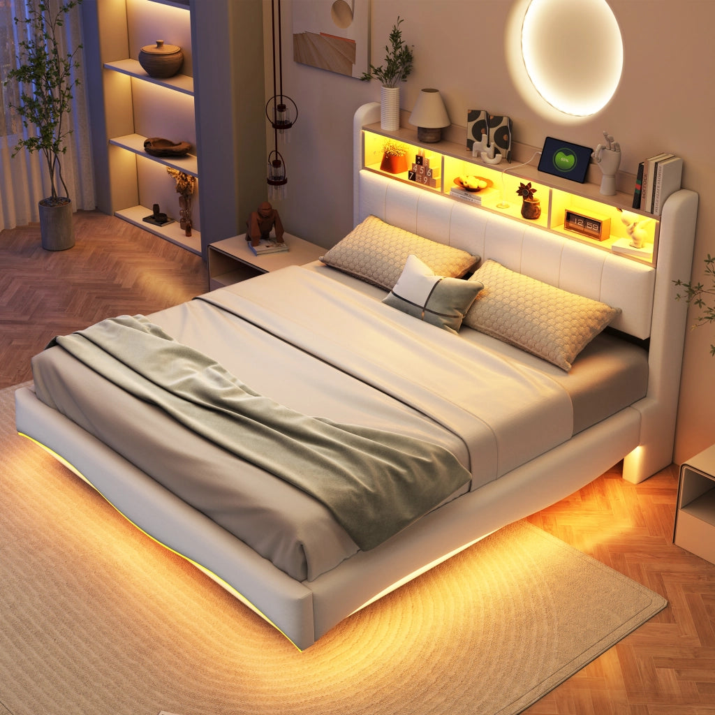 OKWISH Letto Contenitore 160×200 cm, Letto Matrimoniale con LED Regolabile, USB, Tipo C e Vano Testiera, senza Materasso, Beige