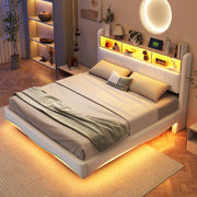 OKWISH Letto Contenitore 160×200 cm, Letto Matrimoniale con LED Regolabile, USB, Tipo C e Vano Testiera, senza Materasso, Beige