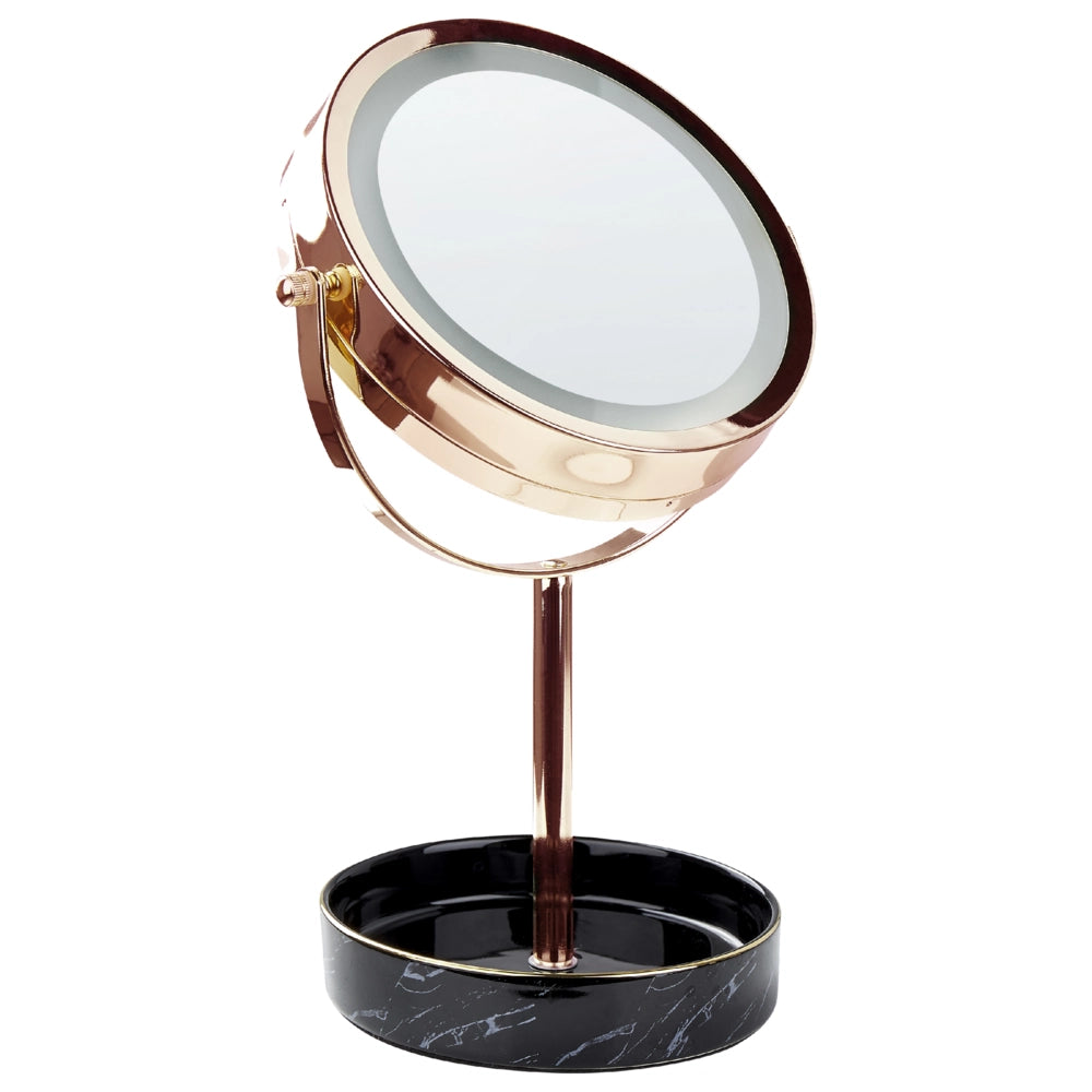 Specchio trucco con luci LED e telaio in ferro Ø 20 cm in color oro rosa e nero moderno