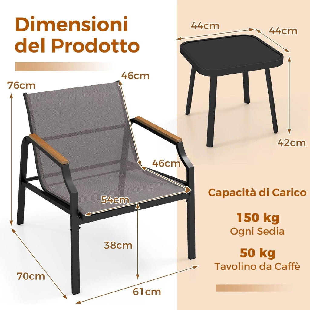 Set da Giardino a 3 Pezzi, Set Mobile da Esterno con Talaio in Metallo, Poltrona e Tavolino Quadrato, Set da Bistro con 2 Poltrone, per Giardino Cortile Piscina