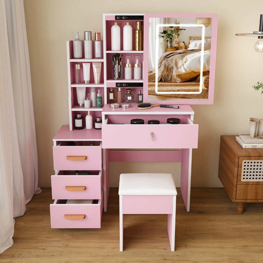 Toeletta ULEVR con specchio LED a 3 modalit¨¤, ante scorrevoli a specchio e sgabello, rosa, MDF