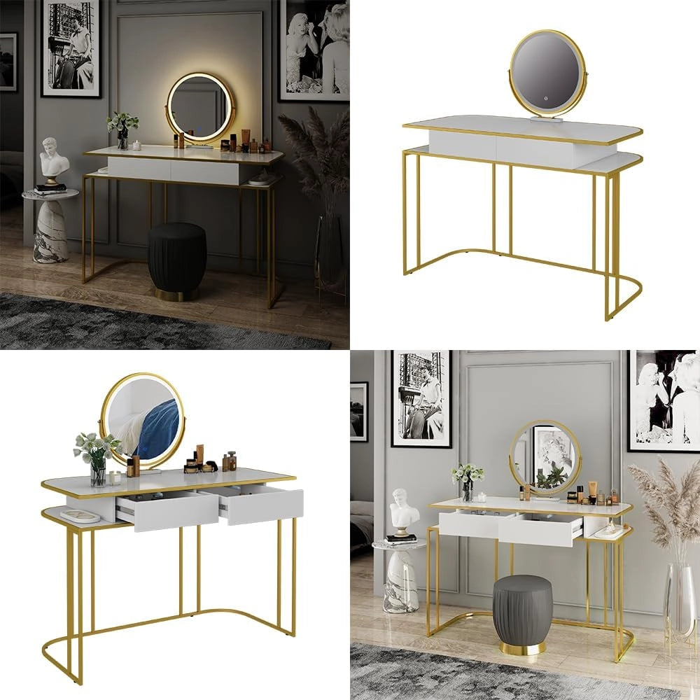 Tavolo da toilette Tiara, Bianco/Oro, 110 cm, con illuminazione LED e specchio regolabile in altezza