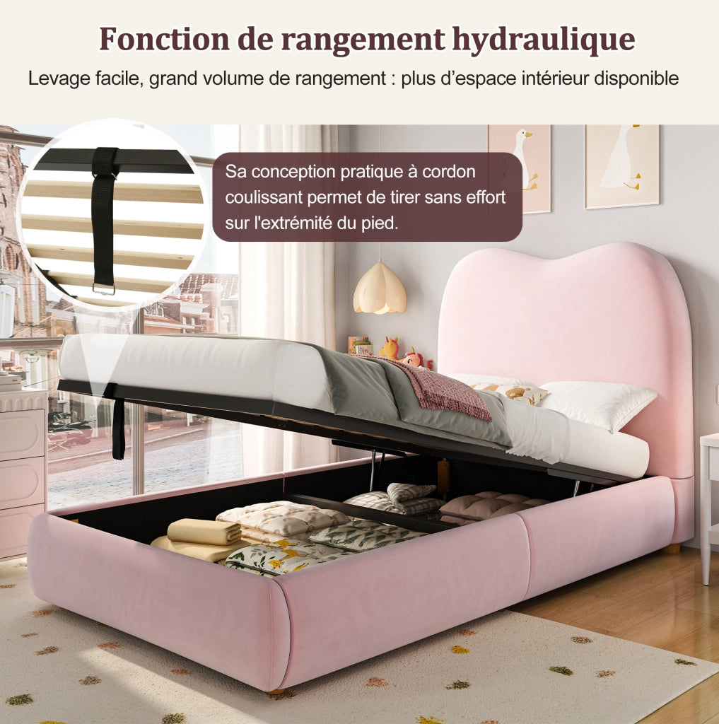 Letto imbottito con contenitore idraulico; rete a doghe; velluto rosa
