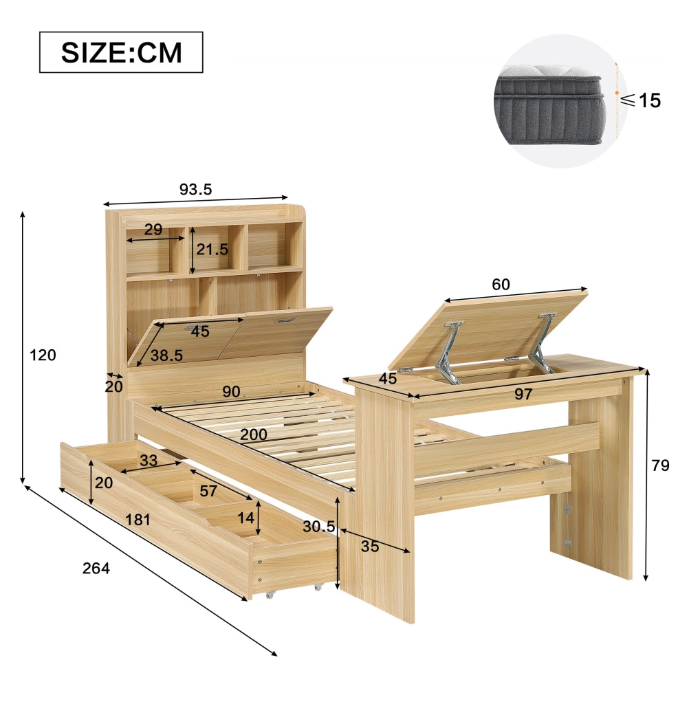 Letto singolo multifunzione con contenitore e tavolino pieghevole