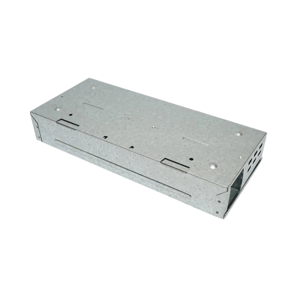 Trappola per topi professionale in metallo zincato, dimensioni 36,3x16,1x6,1 cm.