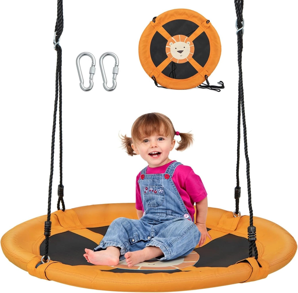 Altalena a Cerchio da 102 cm, Altalena a Nido con Corde Regolabili e Moschettoni, Tessuto Oxford Impermeabile, Altalena Rotonda da Esterno con Rotazione a 360Â° per Bambini(Giallo)