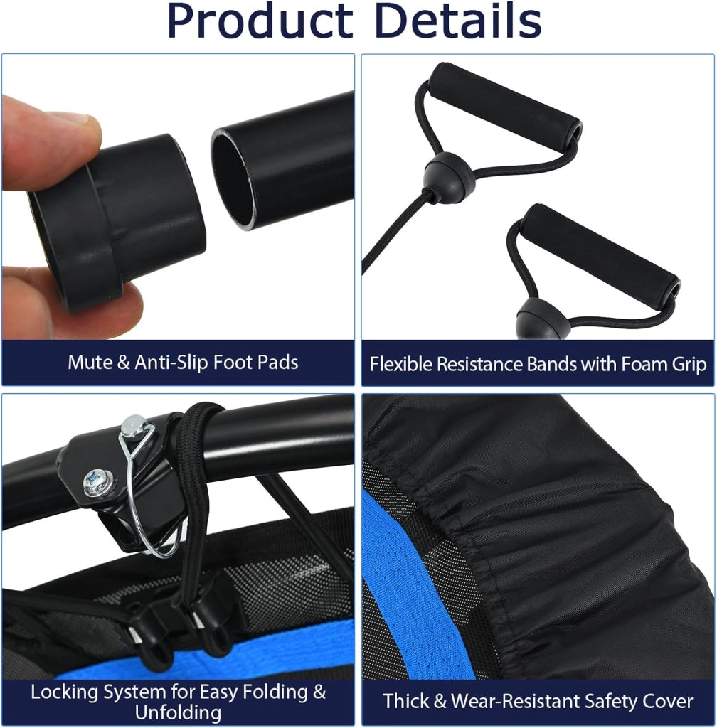 Tappeto Elastico 2 in 1 Ø101 cm, Trampolino Elastico Fitness da Interno e Esterno con Manico Regolabile in Altezza e 2 Fasce di Resistenza, Mini Trampolino Pieghevole fino a 150 kg, Nero+Blu