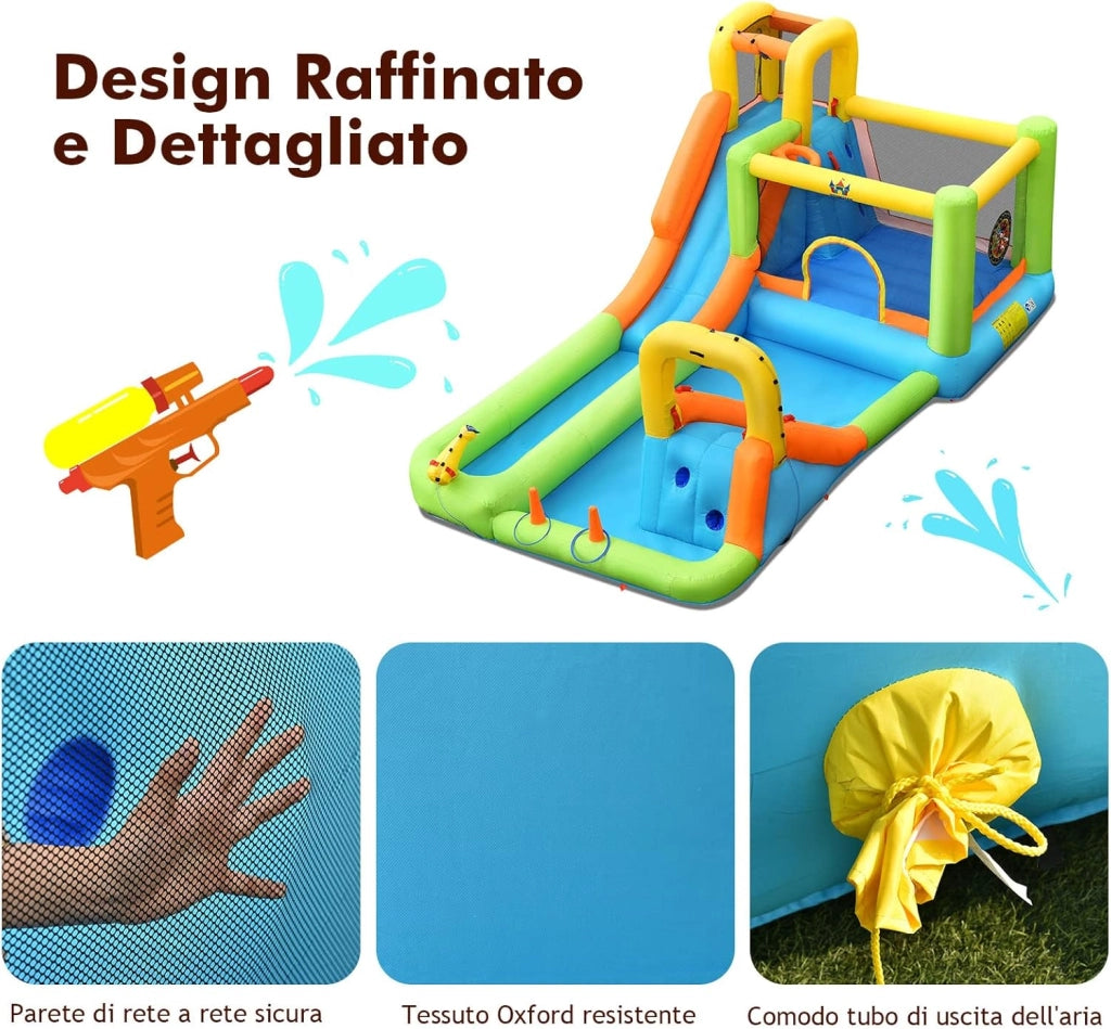 Castello Gonfiabile 8 in 1, Parco Acquatico con 2 Scivoli, Trampolino, Parete da Arrampicata, Canestro e Palla da Basket, Inclusi 3 Anelli, 3 Palline Bersaglio e Kit di Riparazione