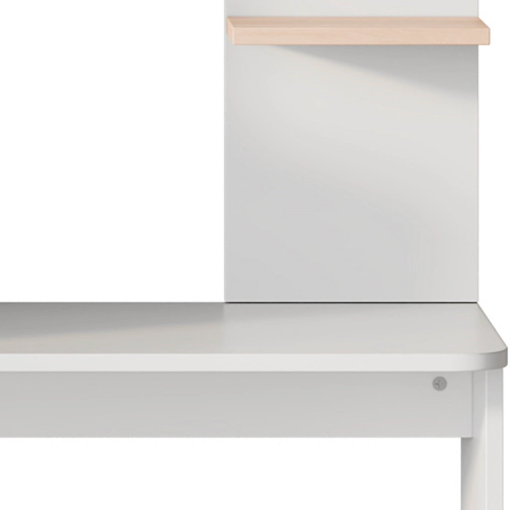 Scrivania con contenitore e scaffalature aperte, design moderno bianco e effetto legno, 123,5x45x168,5 cm