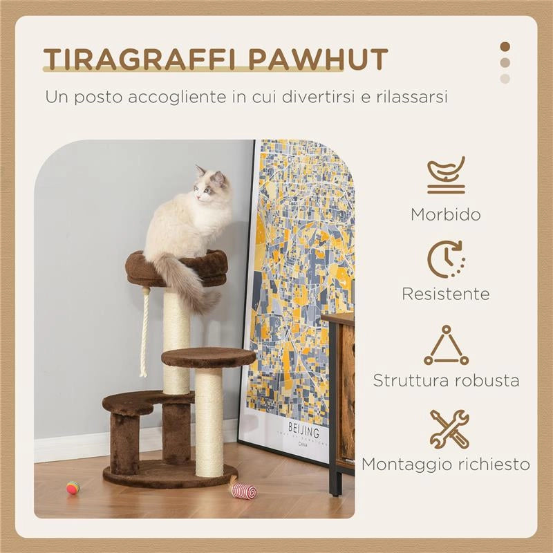 ALBERO TIRAGRAFFI PER GATTI A 3 LIVELLI CON LETTINO IN PELUCHE E PALI IN SISAL Ï40X65 CM MARRONE