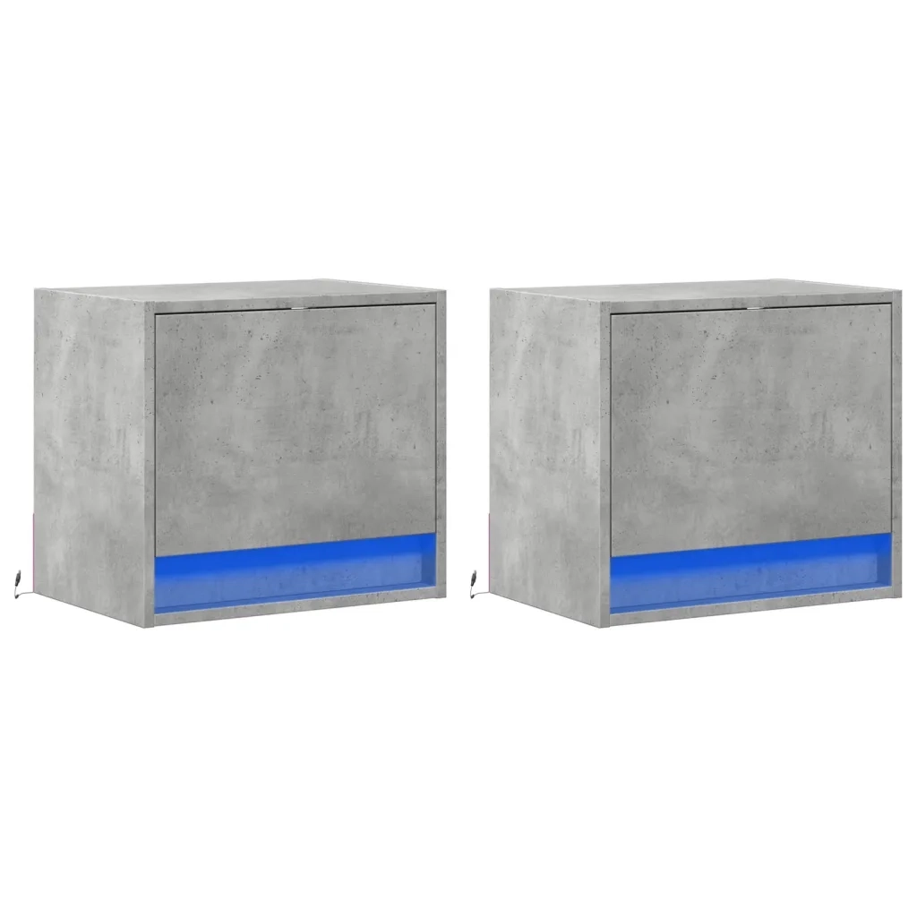 Set di 2 Comodini | Armadio da Notte | Mobiletto da notte a Parete con Luci LED Grigio Cemento