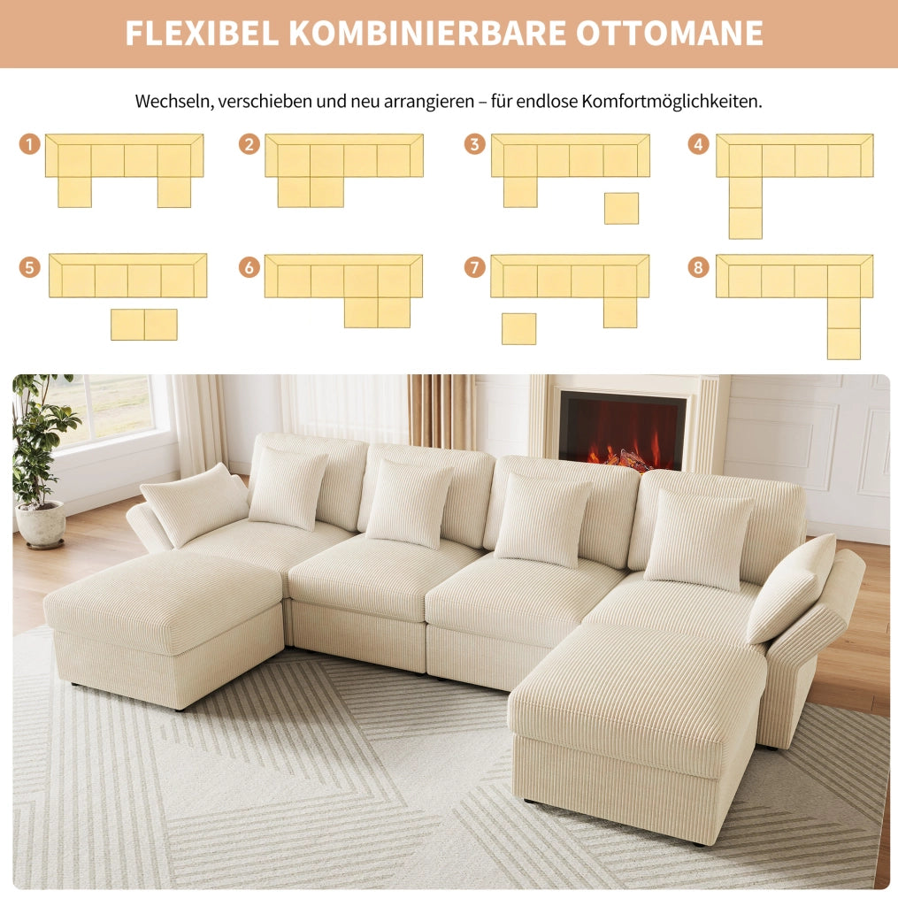 Divano modulare 4-6 posti in velluto a coste beige con pouf