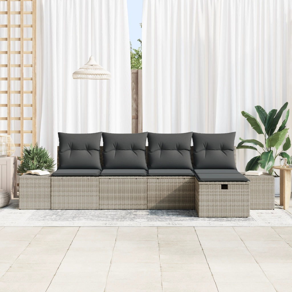 Set di 5 Pezzi Divano da Giardino con Cuscini Grigio Chiaro in Polyrattan