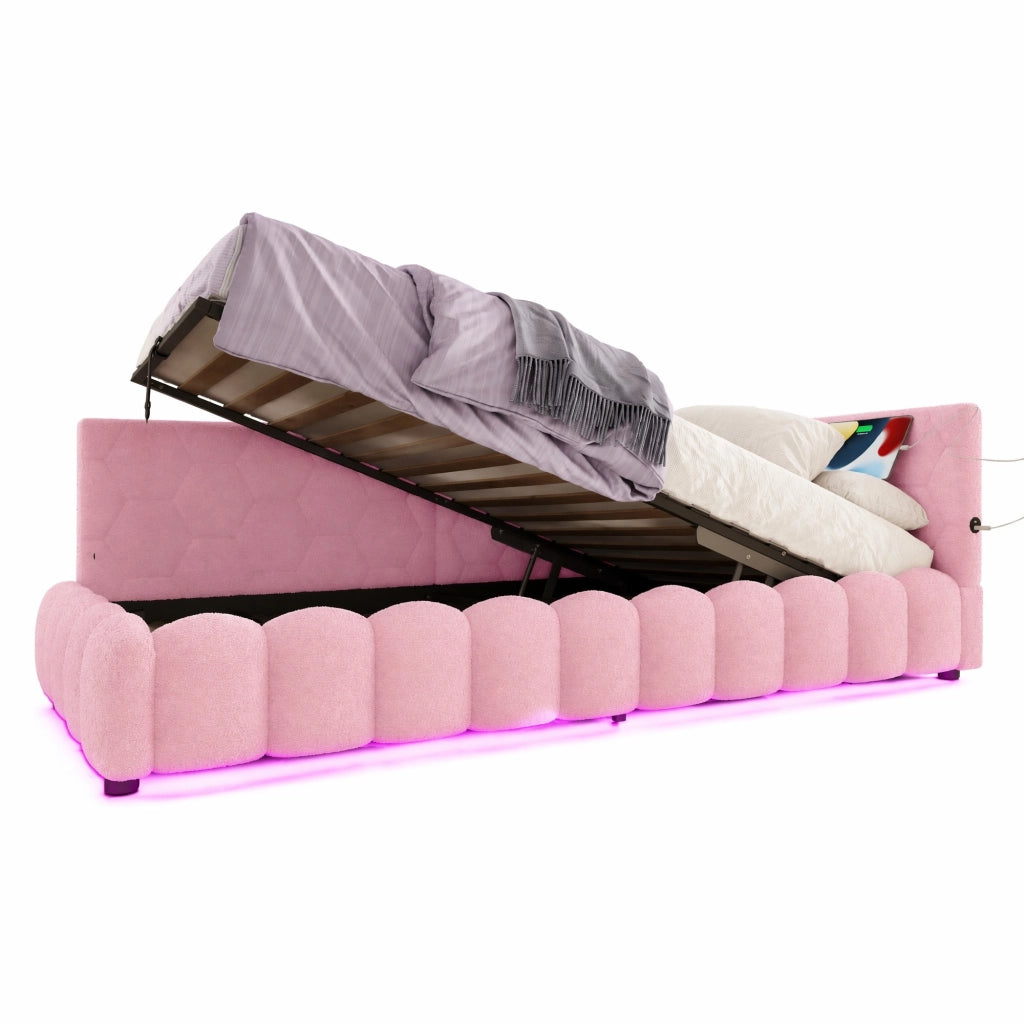 Letto da giorno 90 x 200 cm con vano idraulico; LED; USB e Type-C; velluto rosa