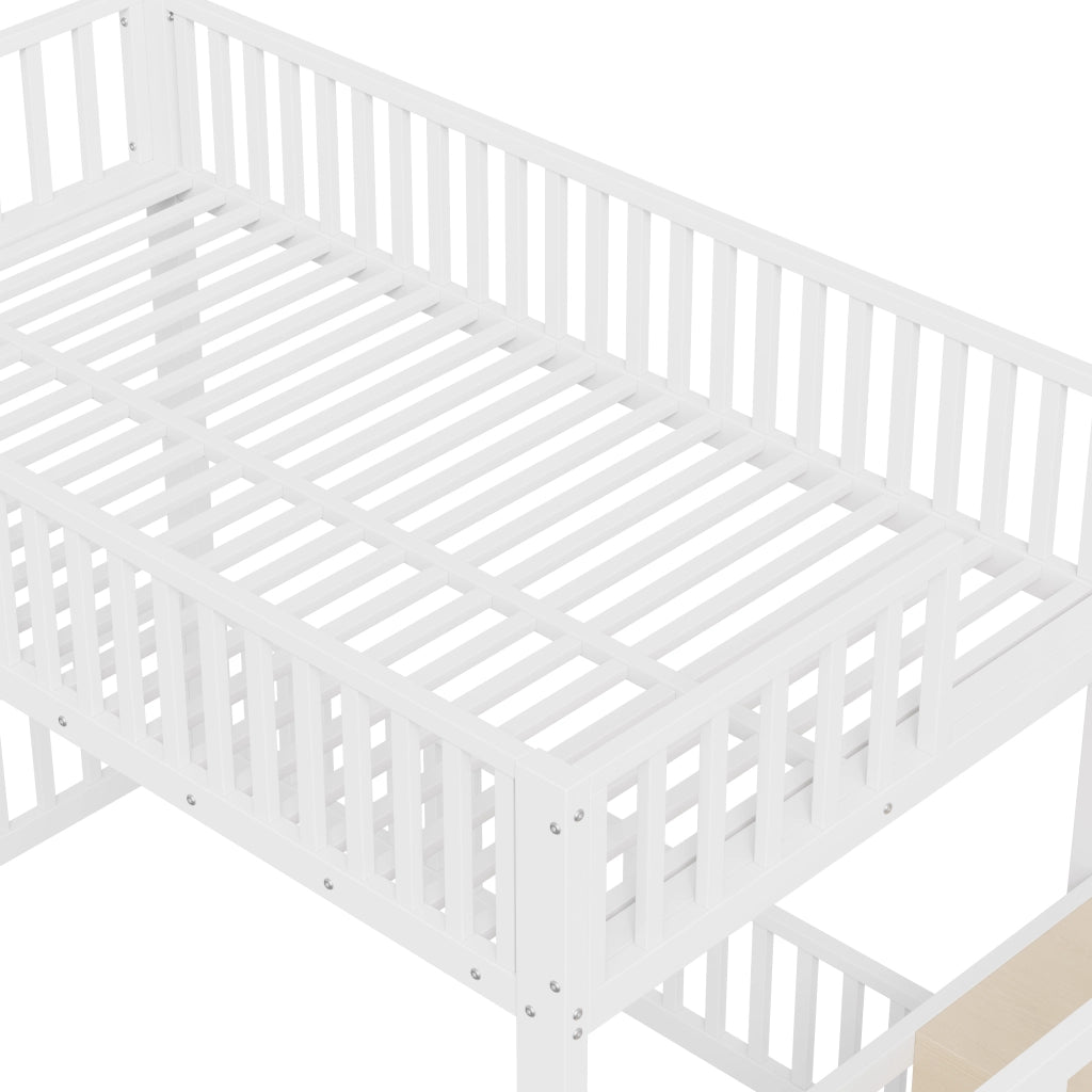 Letto a castello due posti 90 × 200 cm con scala contenitore e LED in MDF e metallo bianco