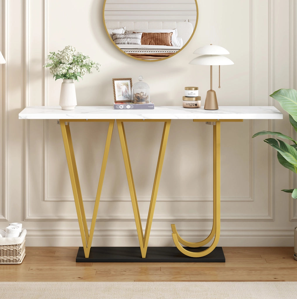 Tavolo consolle 120x29.5x80 cm con piano effetto marmo; ripiano inferiore; MDF e metallo bianco