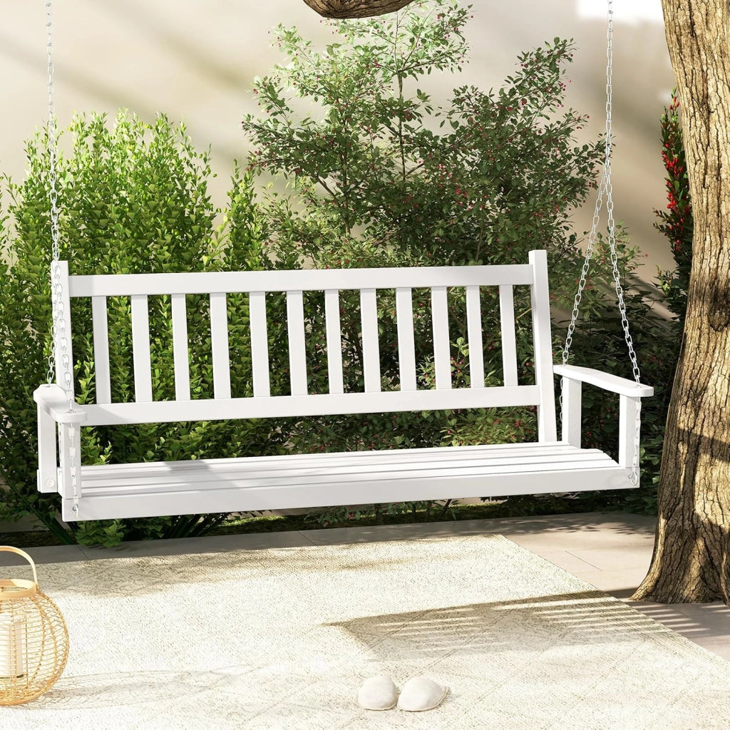 Panca sospesa in legno di pioppo, 2-3 posti, con catene in metallo regolabili, sedia sospesa con schienale in doghe, altalena Hollywood per giardino (marrone, 136 x 67 x 63 cm)