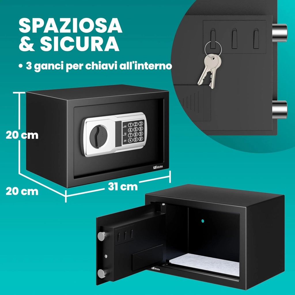 Cassaforte Elettronica con Combinazione 31x20x20cm LED Doppio Bullone in Acciaio Cassetta Sicurezza Nera