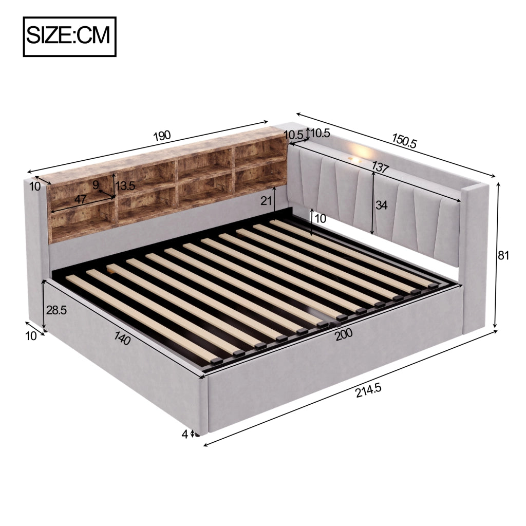 Letto Contenitore 140x200 cm; con USB; Type-C e mensole; in Velluto; Grigio Chiaro