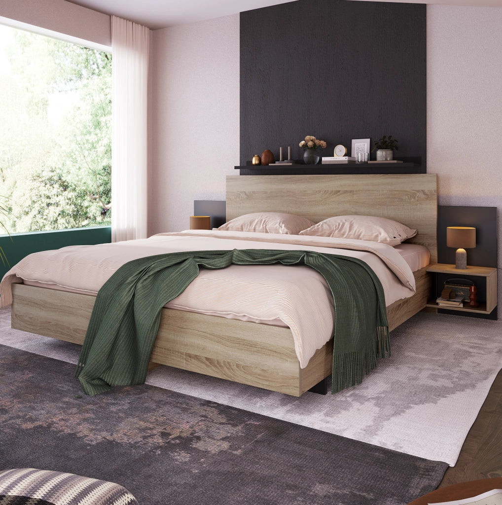 Letto matrimoniale 160x200 cm con 2 comodini; legno; Sonoma e grigio scuro