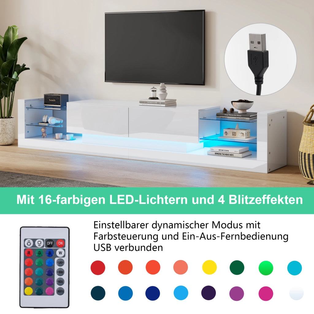 OKWISH Mobile TV con 2 Cassetti a Ribalta e LED, Frontale in Vetro Finitura Lucida, per Soggiorno, 181 × 38 × 38 cm