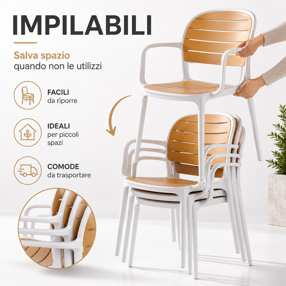 Set 4 Sedie Impilabili in Polipropilene con Braccioli e Schienale 52x55.5x82 cm