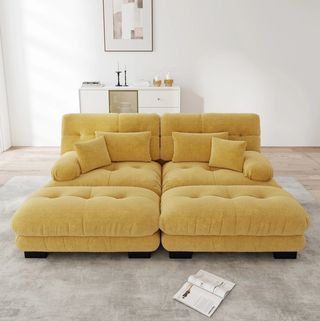 Divano modulare in chenille giallo con 2 pouf; 220x145x81 cm