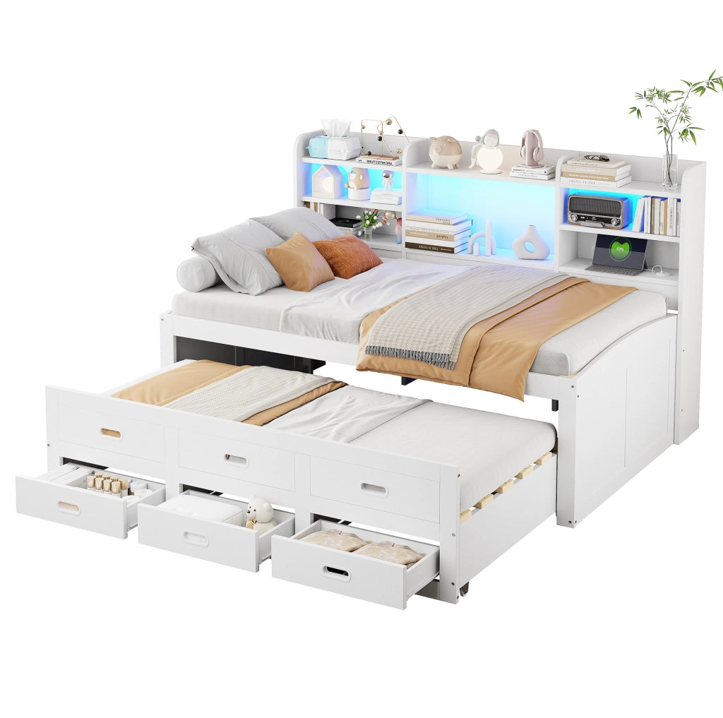 Letto singolo estraibile 90 x 200 cm bianco con LED, cassetti e ricarica USB-C