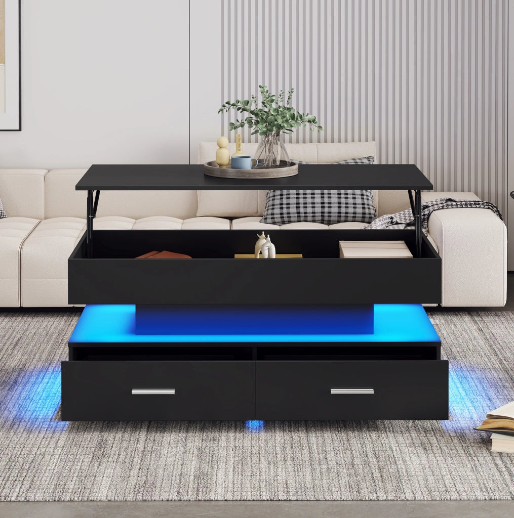 Tavolino da caff猫 100x50x44 cm; alzata idraulica con LED e vani contenitore; truciolare nero