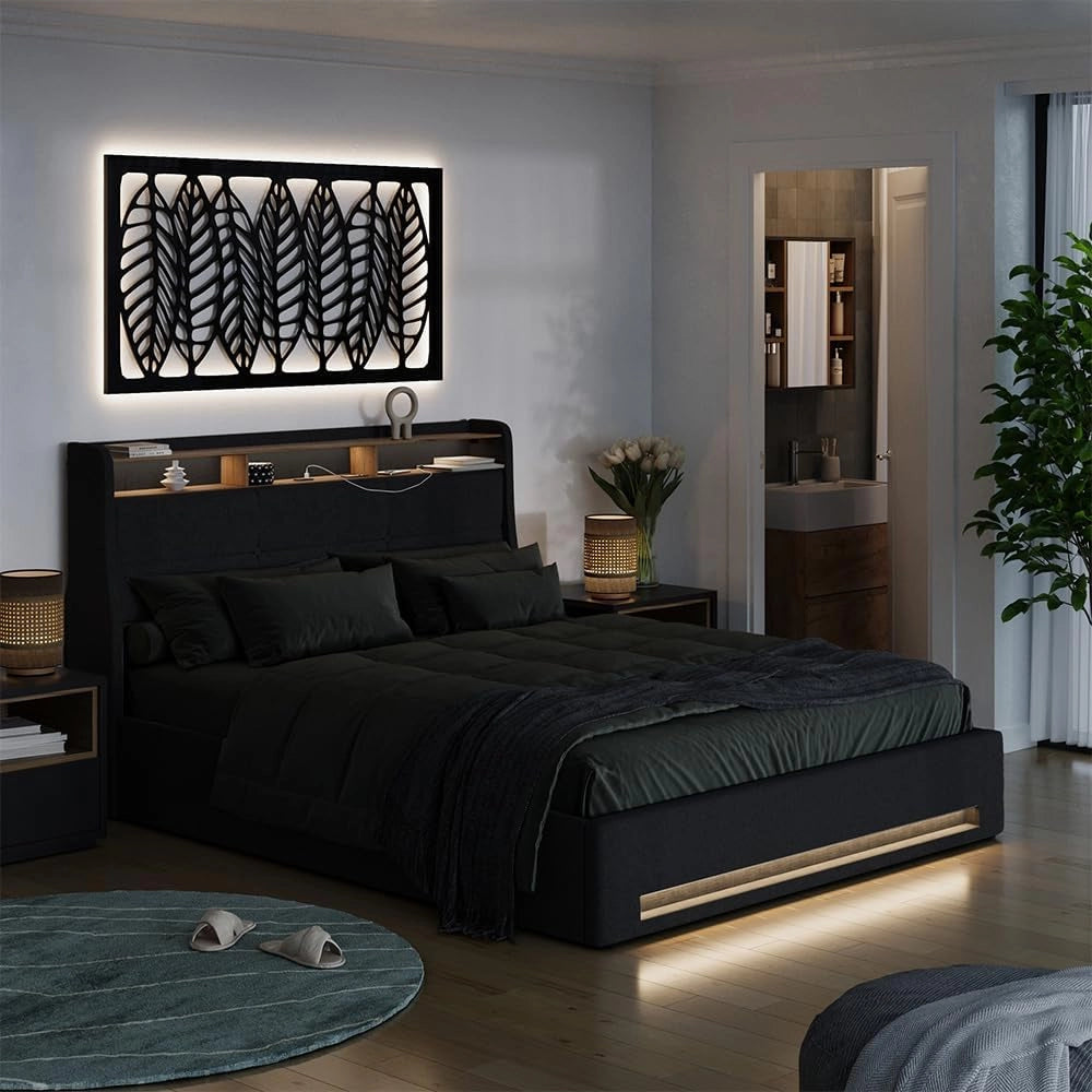 Letto imbottito Christin, Antracite/quercia, 160x200 con LED, connessione USB, materasso
