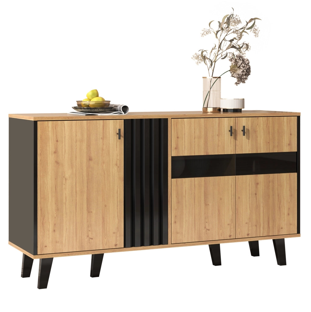 Credenza 140x78.5x41 cm con 3 ante; ripiani e LED; vetro e pannello truciolare