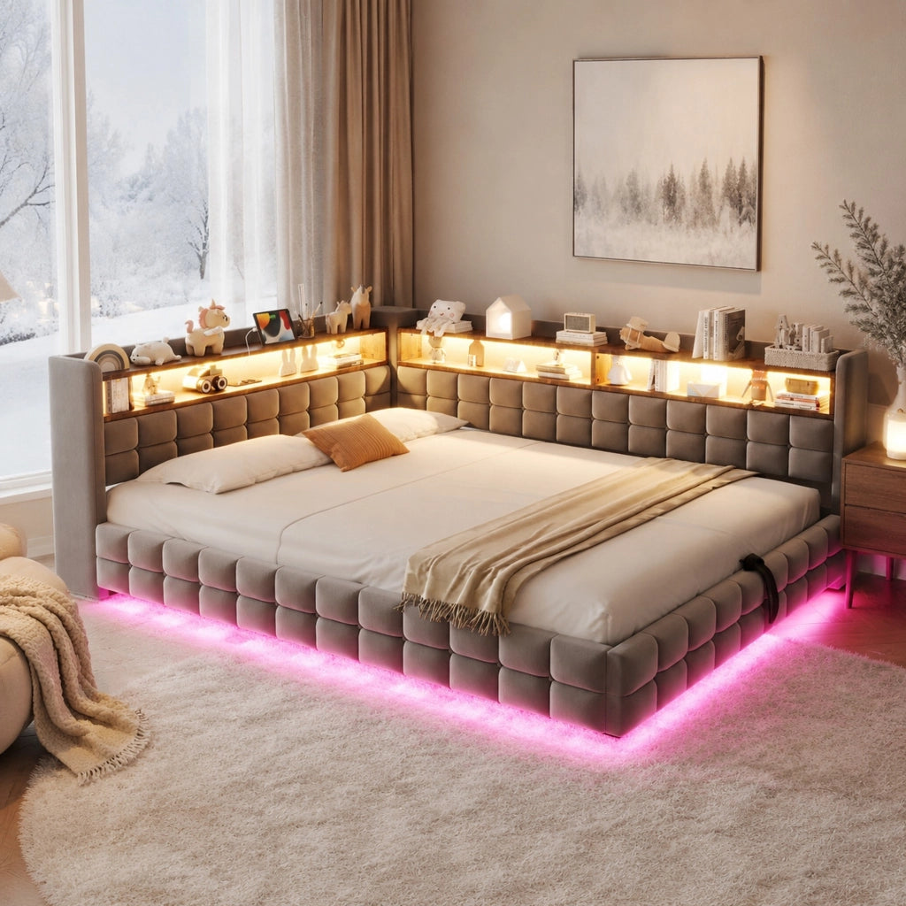 Divano letto 140 × 200 cm con contenitore idraulico; ripiani in legno; LED e prese USB Type-C; velluto grigio chiaro