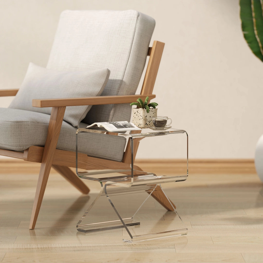 Tavolino Basso Geometrico a 2 Livelli in Acrilico con Gambe Triangolari, 40x30x45 cm, Trasparente