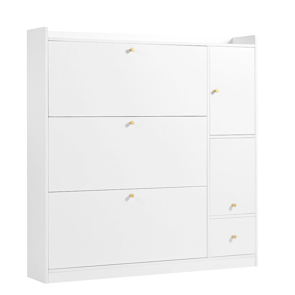 Armoire ?? chaussures polyvalente - Xylo - 119*24*122 - Blanc - 3 tiroirs rabattables avec banc