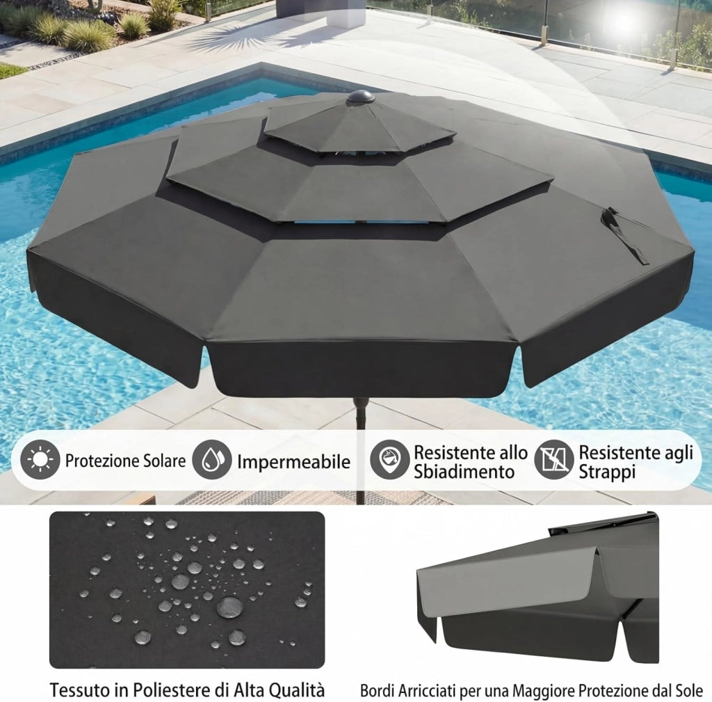 Ombrellone da Giardino 300 cm, con Regolazione Inclinazione, Manovella e 8 Stecche, Anti-UV, Tettuccio Ventilato a 3 Livelli (Grigio, 0 Luce)