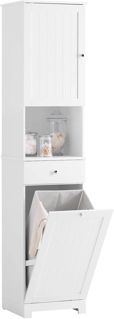 Mobile Bagno Salvaspazio Alto con Cesto Portabiancheria 45L – Colonna Bagno Stretto 40x38x180cm con Cassetto in MDF, Ripiano Aperto e Anta Mobiletto per Lavanderia o WC BZR216-W