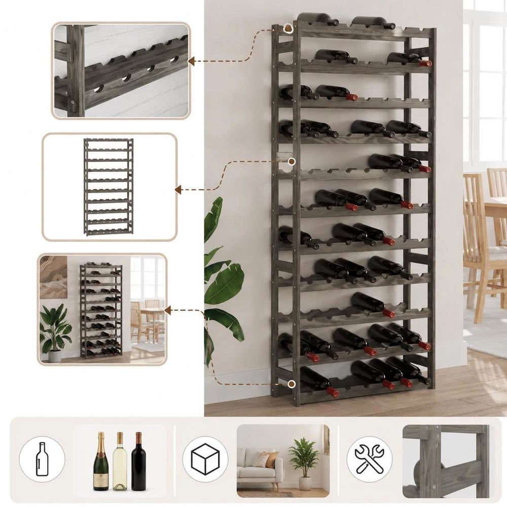Wine Rack For 77 Bottles, Grey Solid Pine Wood