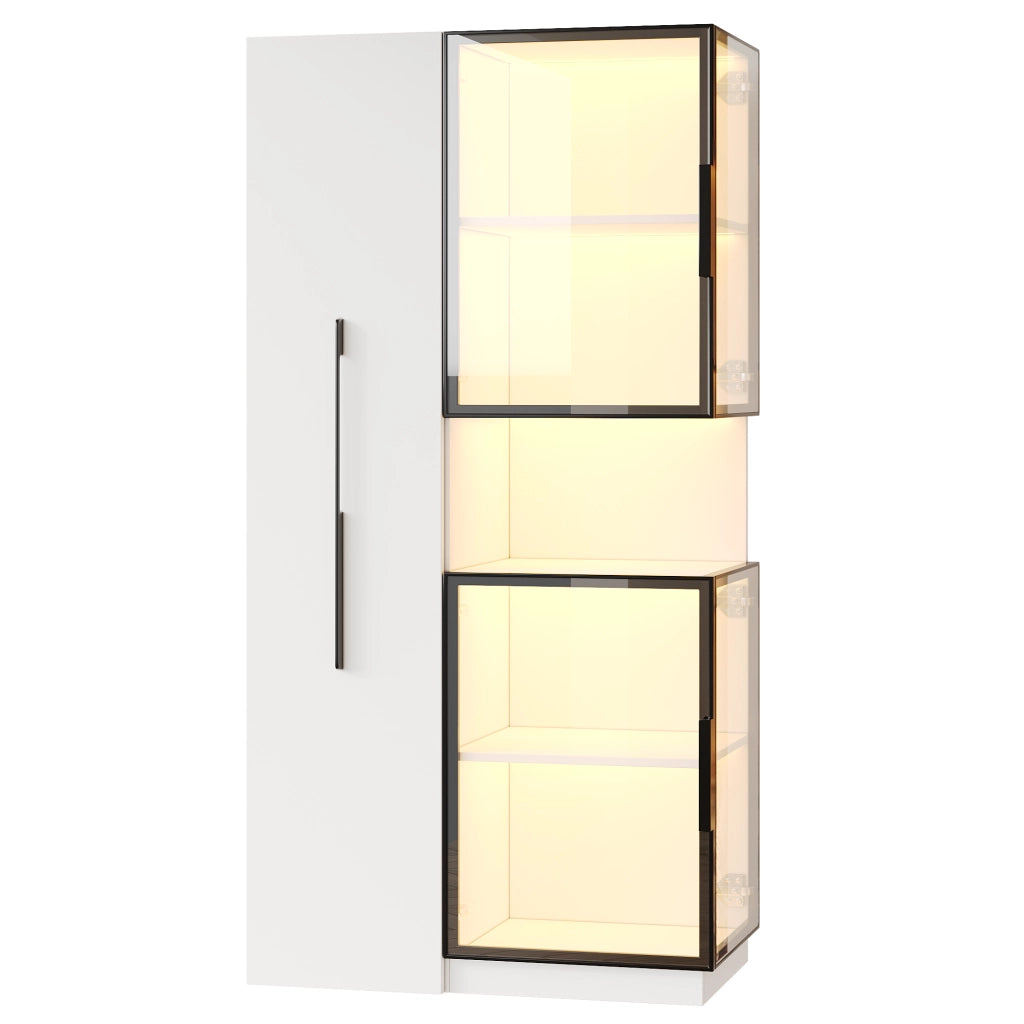 Vetrina alta in MDF e vetro 70×38×160 cm con ripiani estraibili, LED multicolore e protezione antiribaltamento, colore bianco