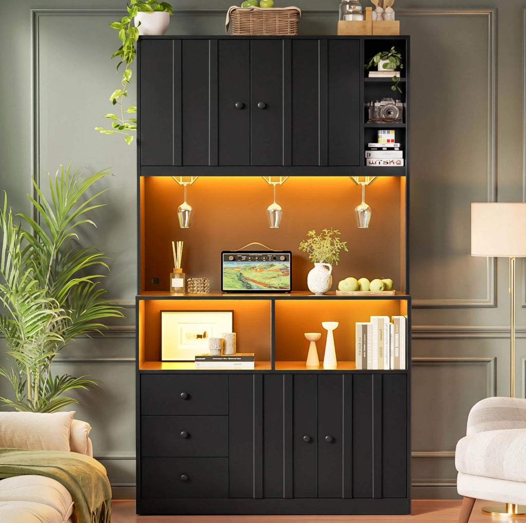 Credenza cucina alta 100x40x180 cm con LED RGB; prese USB e AC; in MDF nero