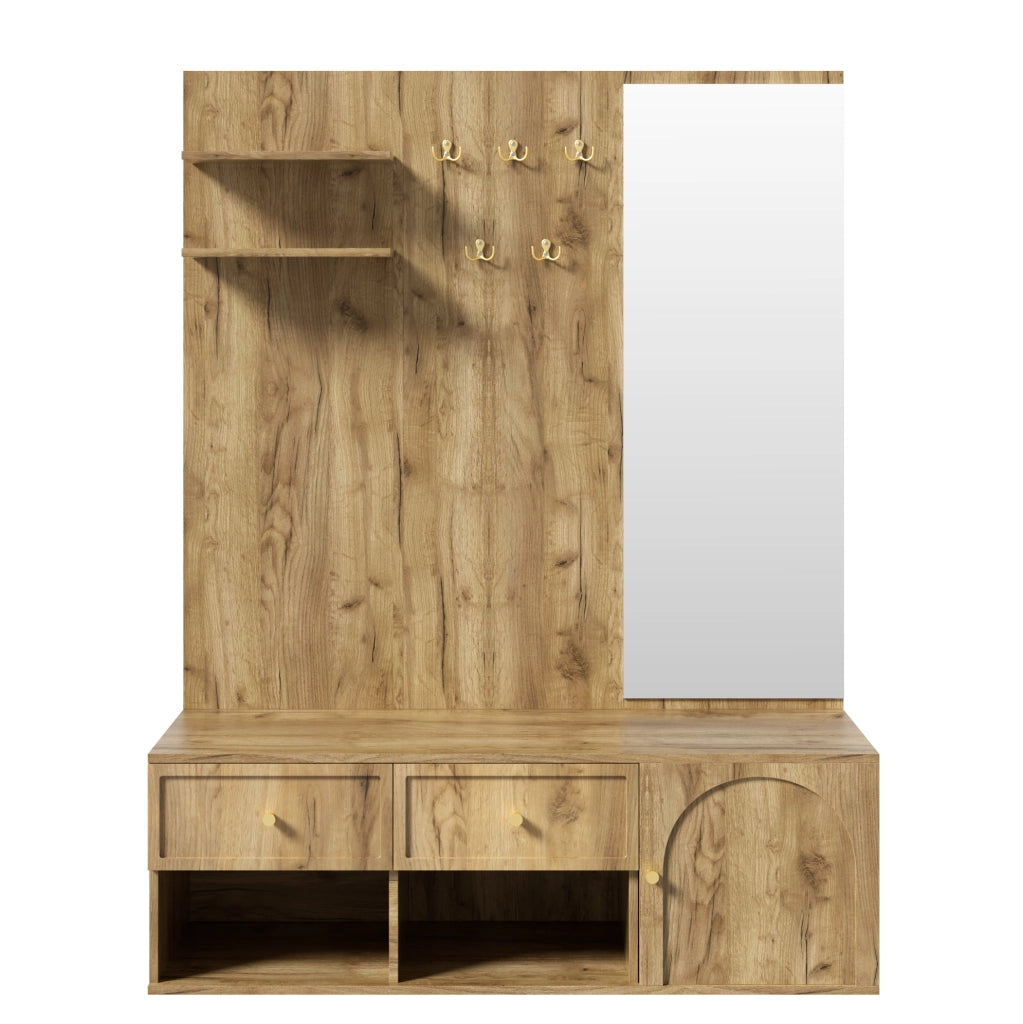 Guardaroba ingresso 120x35x159 cm con specchio; 5 ganci e 2 cassetti; effetto legno naturale