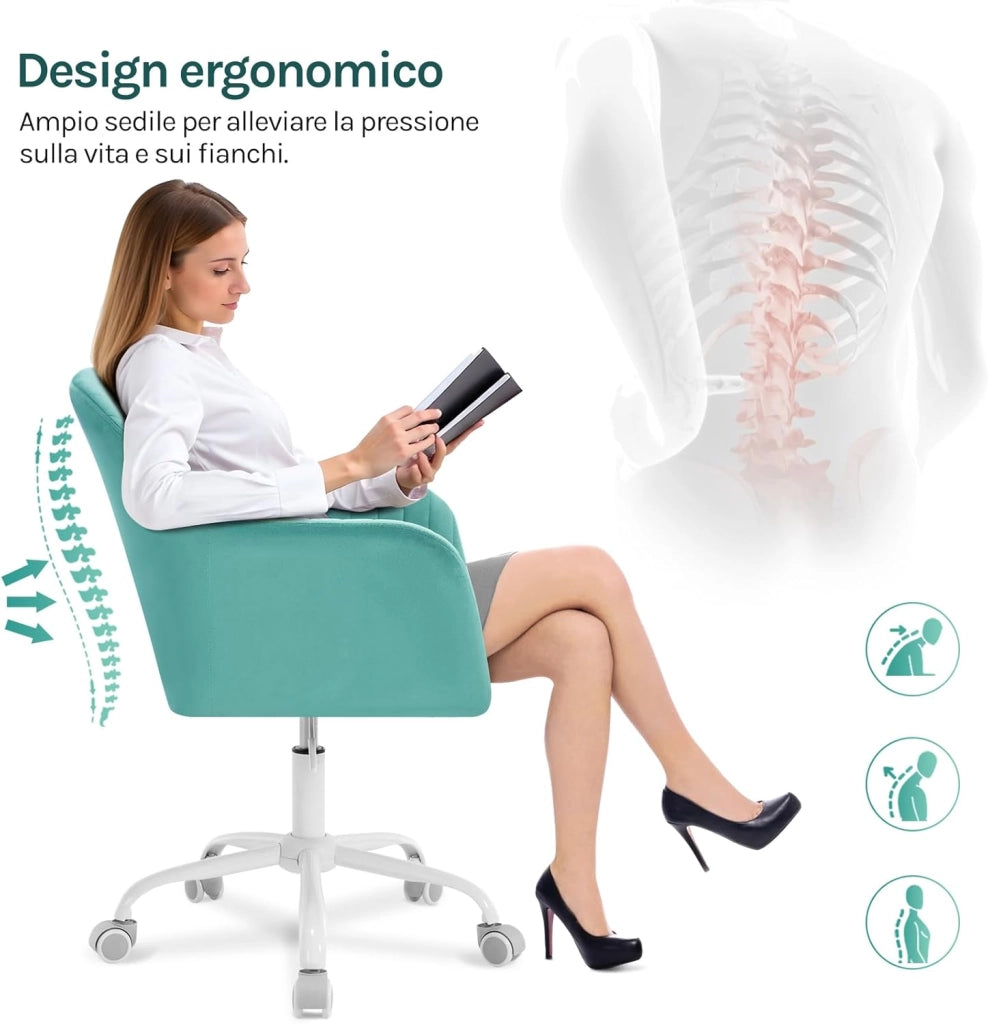 Sedia da Ufficio, Sedia da Toeletta, Poltrona Ergonomica, Ampia, in Velluto Imbottita, Regolabile in Altezza per Ufficio e Camera da Letto, Turchese, BS166ts