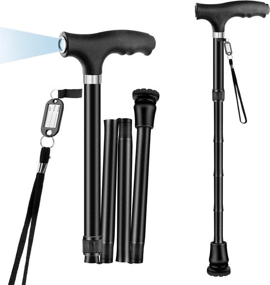 Wandicella per anziani - con LED-lampada - Inclusa etichetta antiperso - Manico ergonomico - Altezza regolabile in metallo leggero - Base in gomma - Altezza regolabile