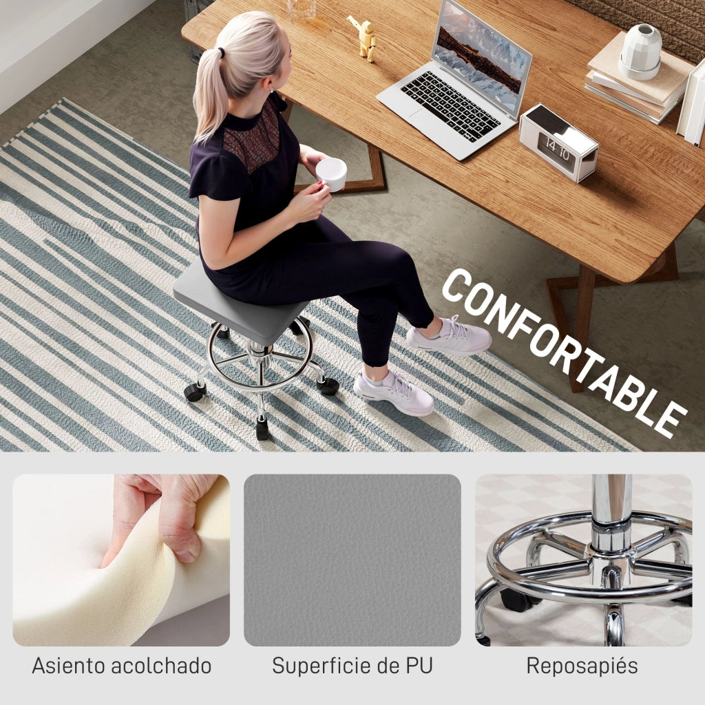 Sgabello Regolabile Girevole con Poggiapiedi e Ruote ¨C Zephmum ¨C Grigio 34x34x50-66 cm