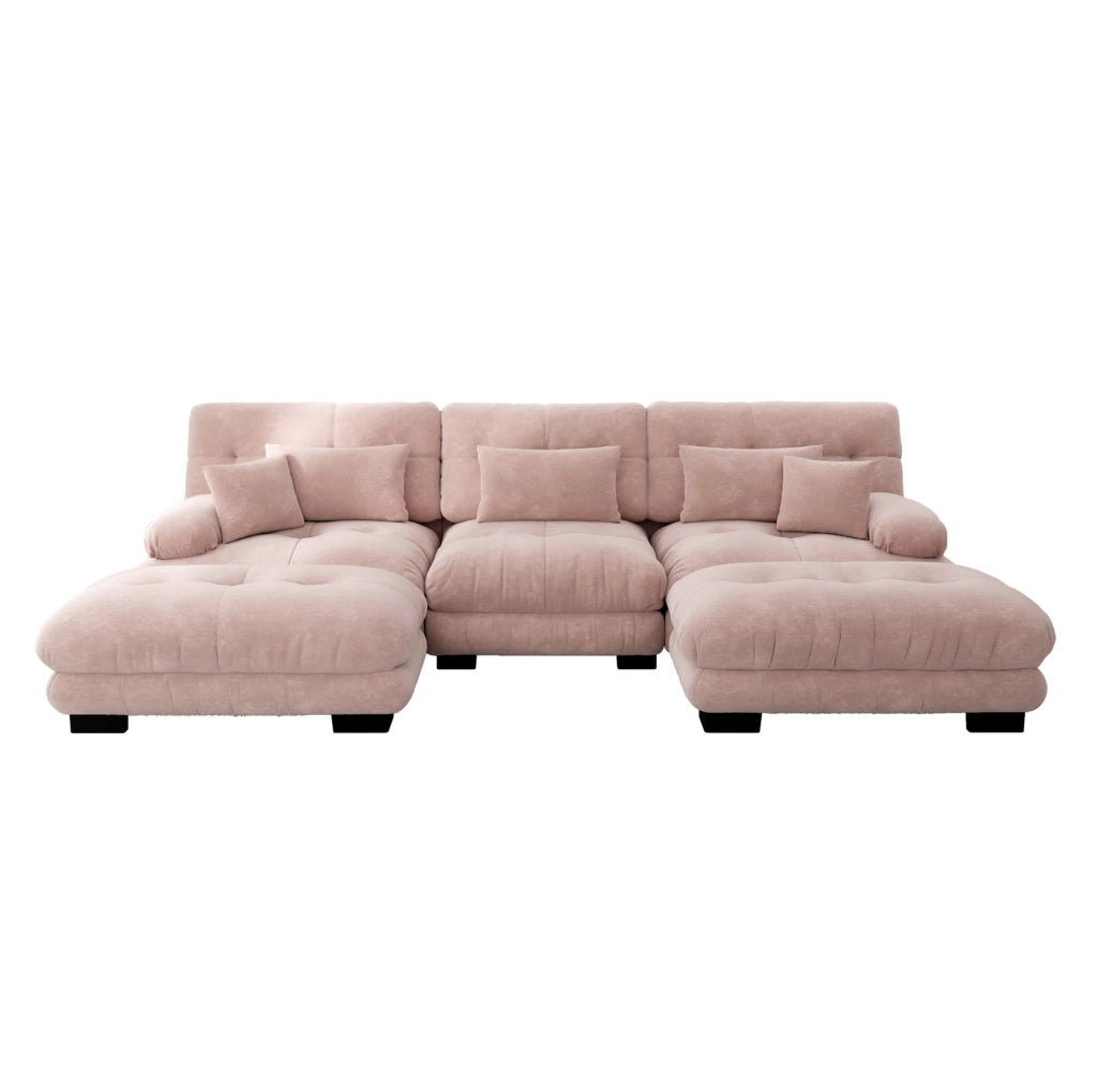 Divano Modulare Ad Angolo a Forma di U in Chenille Rosa con Pouf