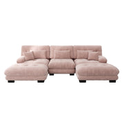 Divano Modulare Ad Angolo a Forma di U in Chenille Rosa con Pouf
