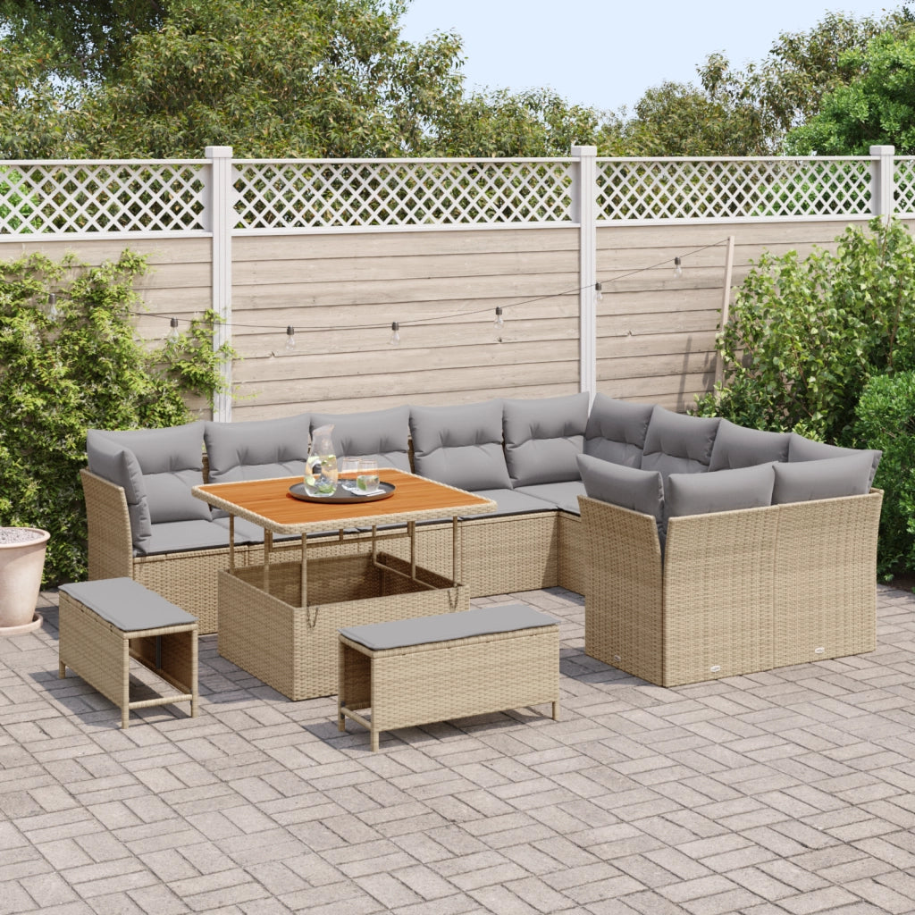 Set Divano da Giardino 12 Pezzi con Cuscini Beige Polyrattan Acacia