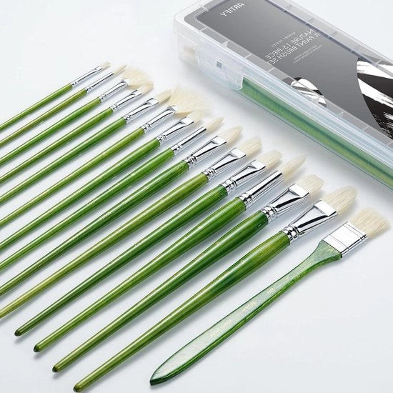 Set di pennelli a olio professionale - 15 pezzi pennelli a acrilico - manico lungo - pennelli per pittura a olio acrilico gouache verde