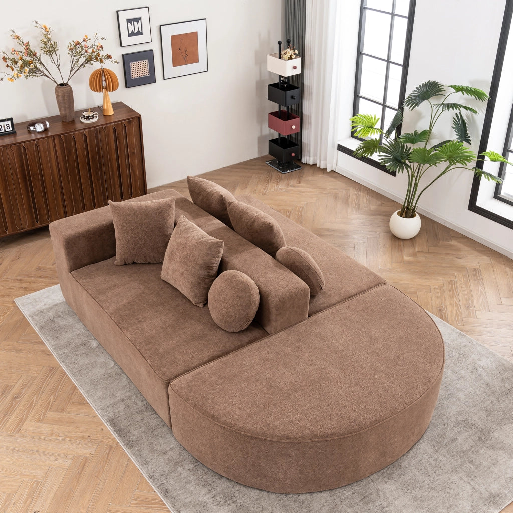 Canapé modulare senza montaggio con funzione letto e cuscini, in ciniglia marrone per soggiorno e relax quotidiano